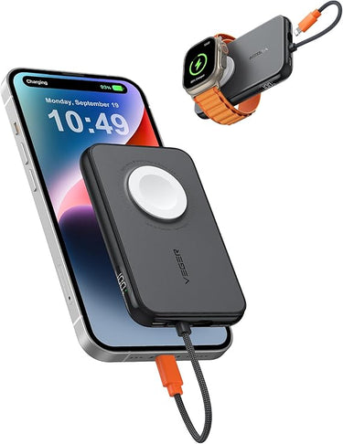 VEGER Cargador portátil para iPhone con cable integrado, batería de 5000 mAh, cargador rápido PD de 20 W, esencial de viaje compatible con iPhone 14/13/12/Pro Max, Andorid, Apple Watch, color negro